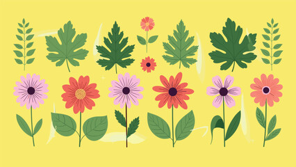 Charming arrangement of various pink and red flowers with green leaves of different shapes on a bright yellow background.