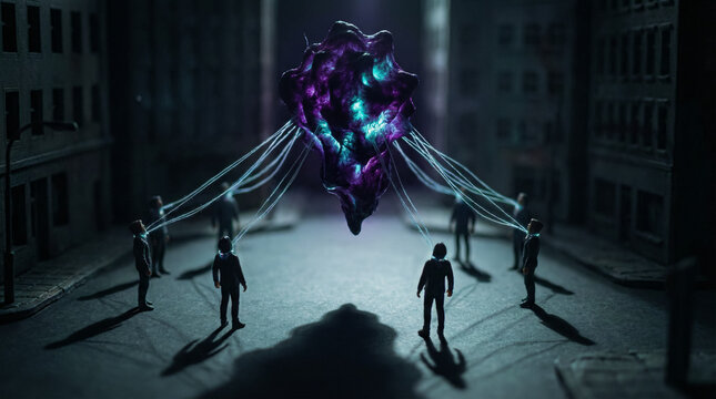 Mysterious entity controls people with glowing strings in cinematic urban setting