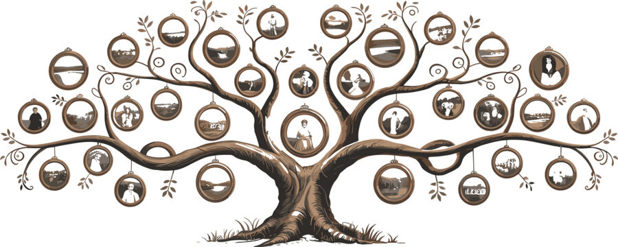 Family tree illustration, black and white artwork, genealogy design, heritage timeline, circular photo frames, lineage representation, historical connection, roots and branches