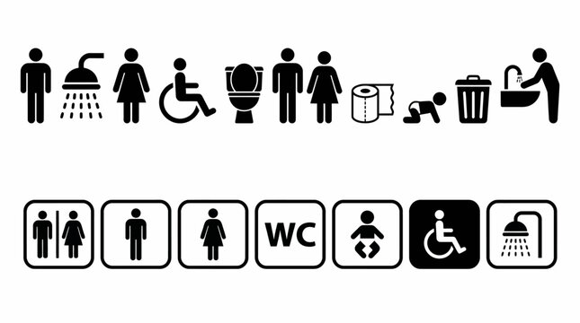 Row of accessibility and inclusivity icons showing wheelchair users, families with strollers, restrooms, and universal design symbols.