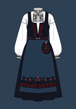 Traditional Norwegian Bunad folk costume design detailed vector illustration