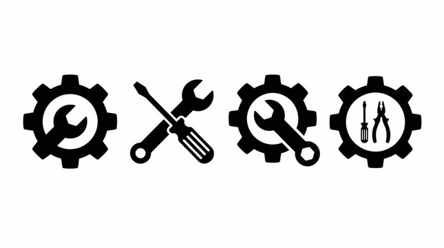 Industrial gear and tool icons symbolizing mechanical engineering, maintenance, and repair for optimization, automation, settings, and efficient operation