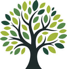 Obraz premium Stylized tree illustration, dark trunk branches, green leaves design, artistic symmetrical nature, environmental growth concept, sustainability awareness, isolated white background