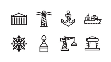 Nautical Icons Set: Shipping Container, Lighthouse, Anchor, Ship, Wheel, Buoy, Crane, Mooring © VCT