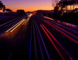 View of light trails on the highway during sunset