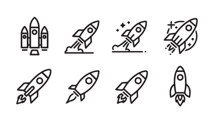Rocket Ship Icons Set, Space Travel and Launching Concepts, Line Art Style © VCT