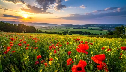 Fototapeta premium Sunny landscape red poppy field with meadow, trees, hills under a golden, cloudy sky at dawn