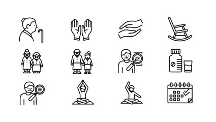 Fototapeta premium Senior Care Icons: Health, Family, Yoga, Medication, Calendar, Rocking Chair