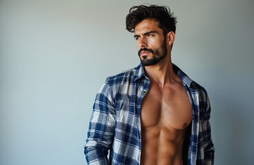Fototapeta premium Muscular man with beard wears open checkered shirt. He looks aside with serious expression against plain gray wall. He shows toned abs and chest, styled messy hair.