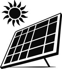 Black and white vector illustration of solar panel with sun icon, clean bold outline, minimal flat design, isolated on white background