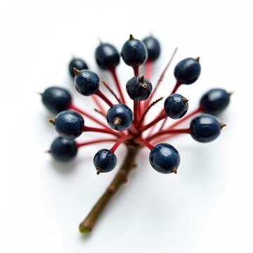 Macro photo of Eleutherococcus senticosus berries. Dark blue fruits grow on red stems on white background. Medicinal plant detail, natural healthy food.