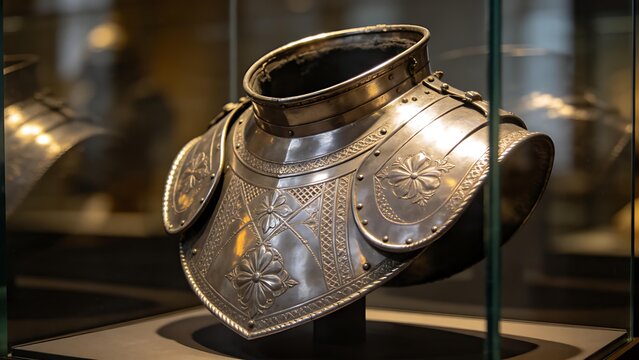 accuser. Polished steel gorget with etched patterns displayed in a museum showcase. event programs, museum guides, designed for cultural heritage projects and event programs.