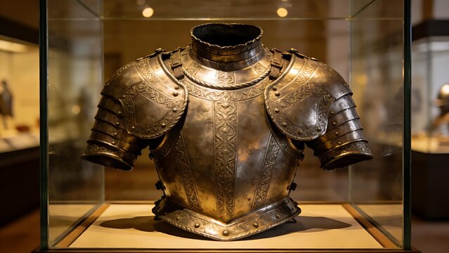 accuser. Polished steel gorget with etched patterns displayed in a museum showcase. event programs, museum guides, designed for cultural heritage projects and event programs.