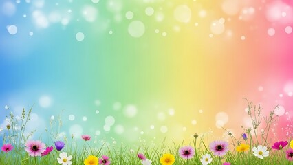 Obraz premium Colorful flowers on grass with rainbow background and bokeh