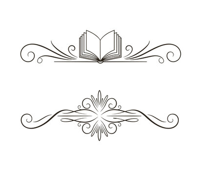Decorative text separator with book illustration and elegant swirls