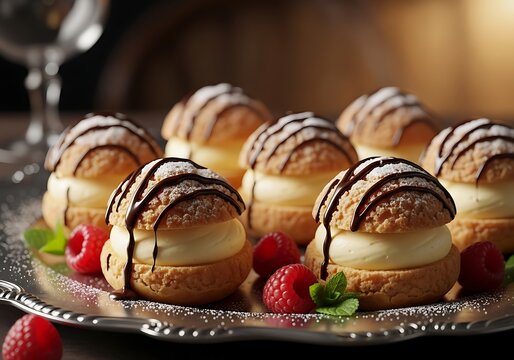 Delicious cream puffs with chocolate drizzle and fresh raspberries on a silver plate