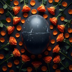 A dark metallic sphere surrounded by vibrant orange rose petals and flowers