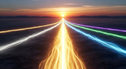 Vibrant colorful light trails on a road at sunset with a beautiful sky