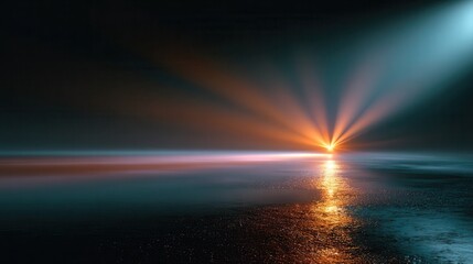 Vibrant orange light rays shining on water surface at night creating a stunning visual effect with reflection