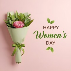 Happy women's day bouquet of flowers with green leaves and pink background