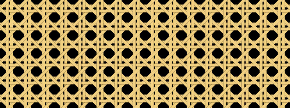 Seamless bamboo weave lattice pattern on black background. Geometric rattan basket texture for furniture, basket and interior design projects. Wicker rattan seamless pattern in beige.