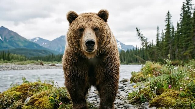 Grizzly bear stands on rocky riverbank against forest, snow-capped peaks and cloudy sky &mdash; powerful wild mammal in remote alaskan wilderness, intense eye contact with camera