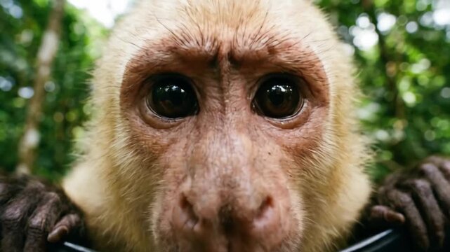 Capuchin monkey face close up in the lush rainforest, observing curious with wide eyes and grasping onto a dark object, blending into the natural environment