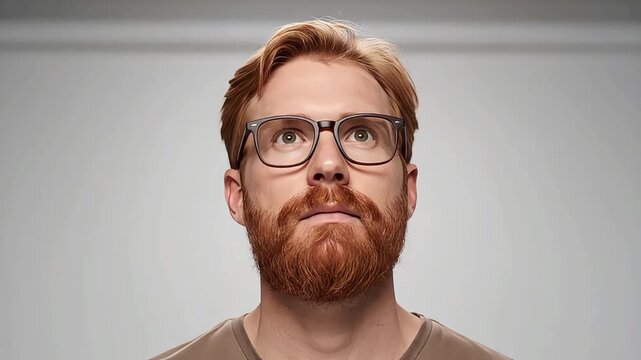Red bearded man in glasses looking upwards multiple seamless studio shots