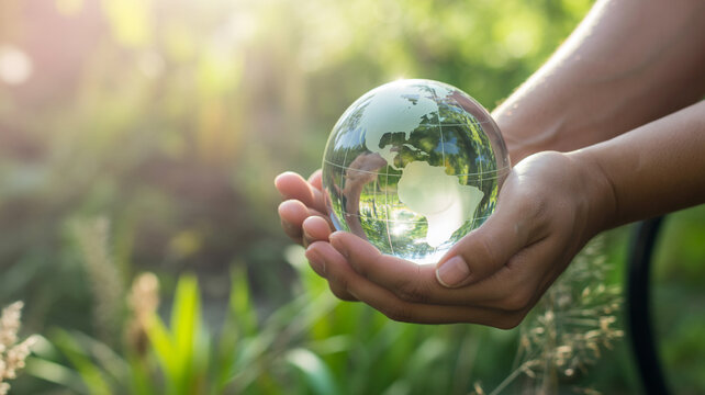 Hands cupping a transparent glass globe showing Earth with lush green foliage in the background