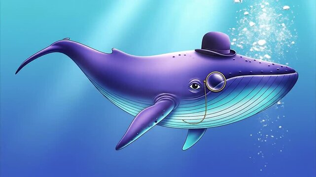 Whimsical Purple Whale Gentleman in Bowler Hat and Monocle Swimming Underwater.
