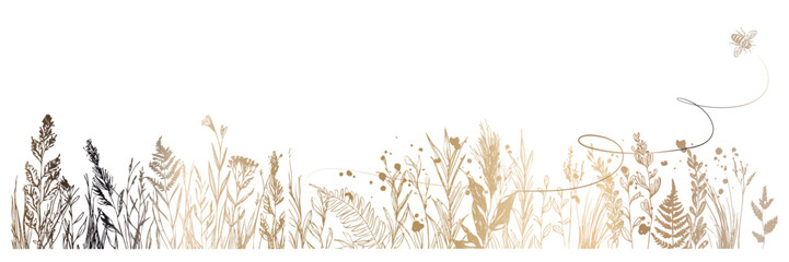 Golden Meadow Botanical Line Art &ndash; Luxury gold line art meadow with grasses and ferns in delicate botanical vector style.