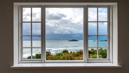 Fototapeta premium View of the ocean and island through a multi pane window