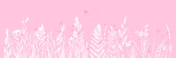 Teal Botanical Meadow &ndash; Modern teal botanical meadow with grasses and ferns in minimal vector line art style.