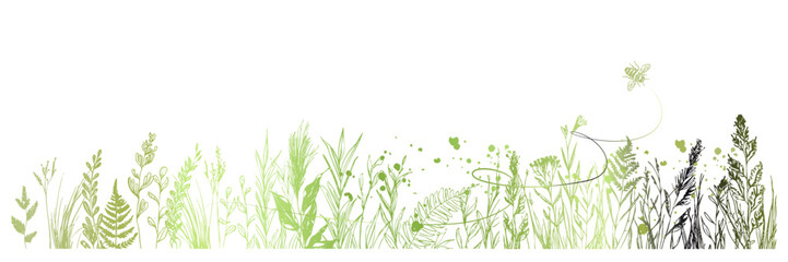 Golden Meadow Botanical Line Art &ndash; Luxury gold line art meadow with grasses and ferns in delicate botanical vector style.