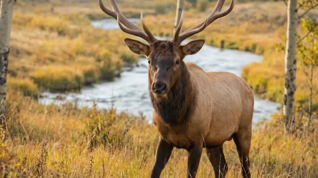 Bull elk with large antlers standing in golden autumn grass and yellow aspen trees, with a winding river flowing in the background under soft daylight, embodying wilderness and freedom in nature