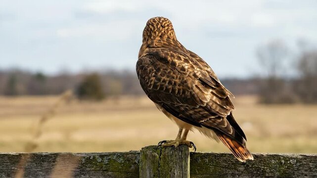 Red-tailed hawk, a large bird of prey, perching on a weathered wooden fence post in a rural field with a bright sky and blurred trees in the background, observing its surroundings