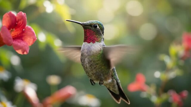 Tiny ruby-throated hummingbird hovering at red trumpet vine blossom, blurred wings beating as it sips nectar in a sunny green garden, vivid summer pollinator moment