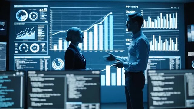 Business Professionals Analyze Data on Large Screens