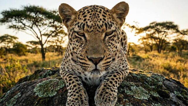 Leopard close-up lying on a mossy rock with intense yellow eyes looking towards the camera, depicting vigilance and predatory instinct in its natural african savanna habitat during golden hour