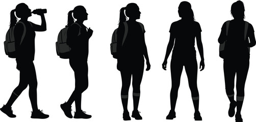 Female hiker and traveler silhouette set with backpack and water bottle, outdoor adventure walking poses isolated vector illustration for travel, trekking and lifestyle themes © Siddiqa Creatives 
