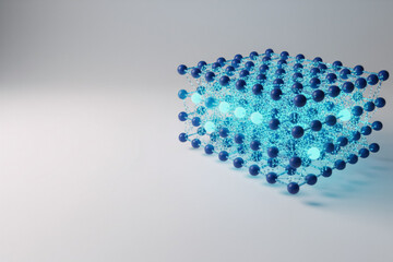 Futuristic network cube glows with vibrant light on a minimalist background design