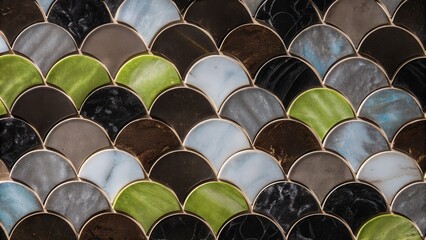 Vibrant mosaic tiles in modern fish scale pattern