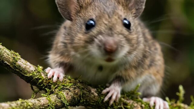 Wild field mouse with large dark eyes and sensitive whiskers standing on a moss-covered branch in a natural outdoor environment, observing its surroundings