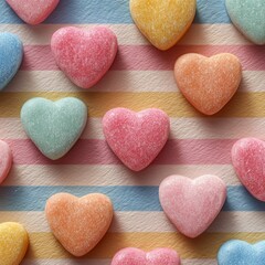 Fototapeta premium Pastel Heart Candy Hearts on Soft Striped Background - Sweet Treats Collection