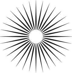 Fototapeta premium Black and white sunburst pattern with radiating lines from a central circle on a white background isolated on white background, illustration