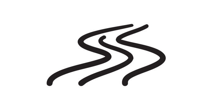 Black and white flat vector icon of a calm river flow, minimal outline style, single centered composition, clean design, isolated on white background.