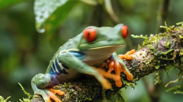Red-eyed tree frog (agalychnis callidryas) with vivid red eyes and colorful skin camouflaged on mossy branch in lush tropical rainforest, close-up of perched amphibian