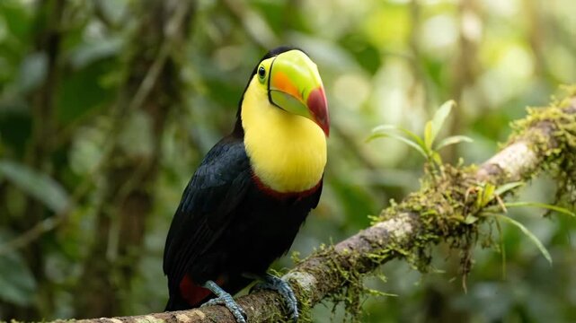 Keel-billed toucan perching on a mossy branch, showcasing vibrant yellow plumage and colorful beak against a lush green tropical rainforest background, highlighting biodiversity and wildlife