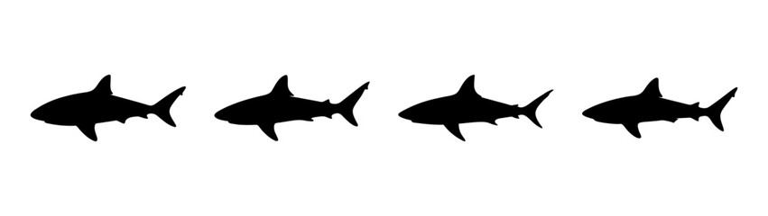 Fototapeta premium Bull Shark Silhouettes in Various Poses, Flat Design vector illustration