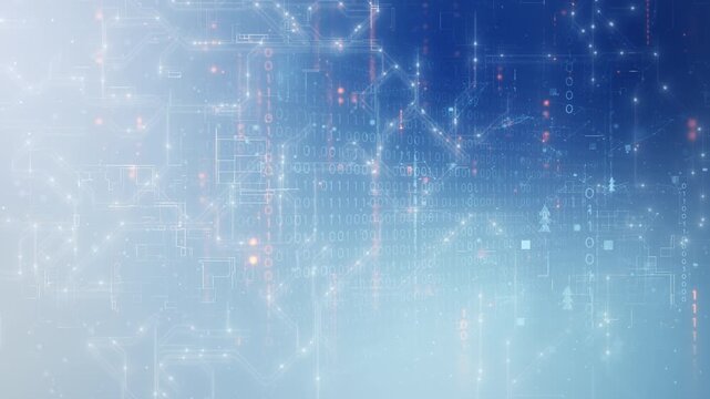 Digital technology background with glowing blue data network, modern cyber communication concept showing computer processor, integrated circuit board, electronic hardware components in futuristic